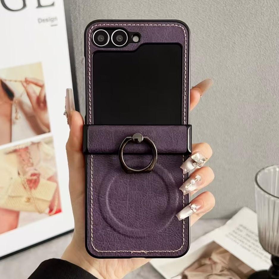 Vintage Leather Lichee Pattern Cases for Samsung Galax Z Flip 7 6 5 4 3 Magnetic Hinge Stand Shockproof Business Mobile Cover