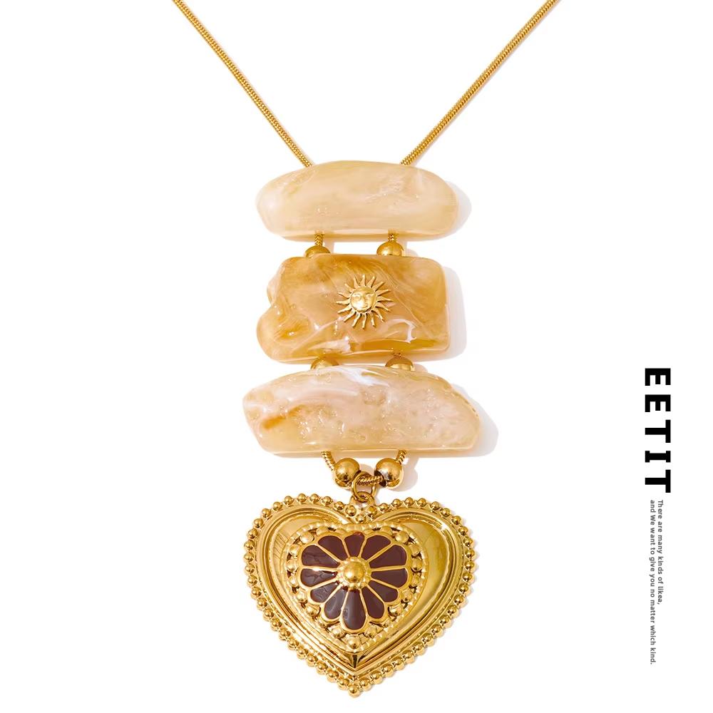 Eetit Exclusive Resin Imitation Stone Rectangle Heart Pendant Necklace Stainless Steel Fashion Statement Jewelry Waterproof