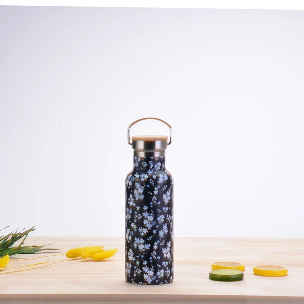 500ML Sports THERMOS CUP With Handle,Bamboo Lid,Printed Drinkware,Stainless Steel Vacuum Flasks,Camping And Gym Water Bottle