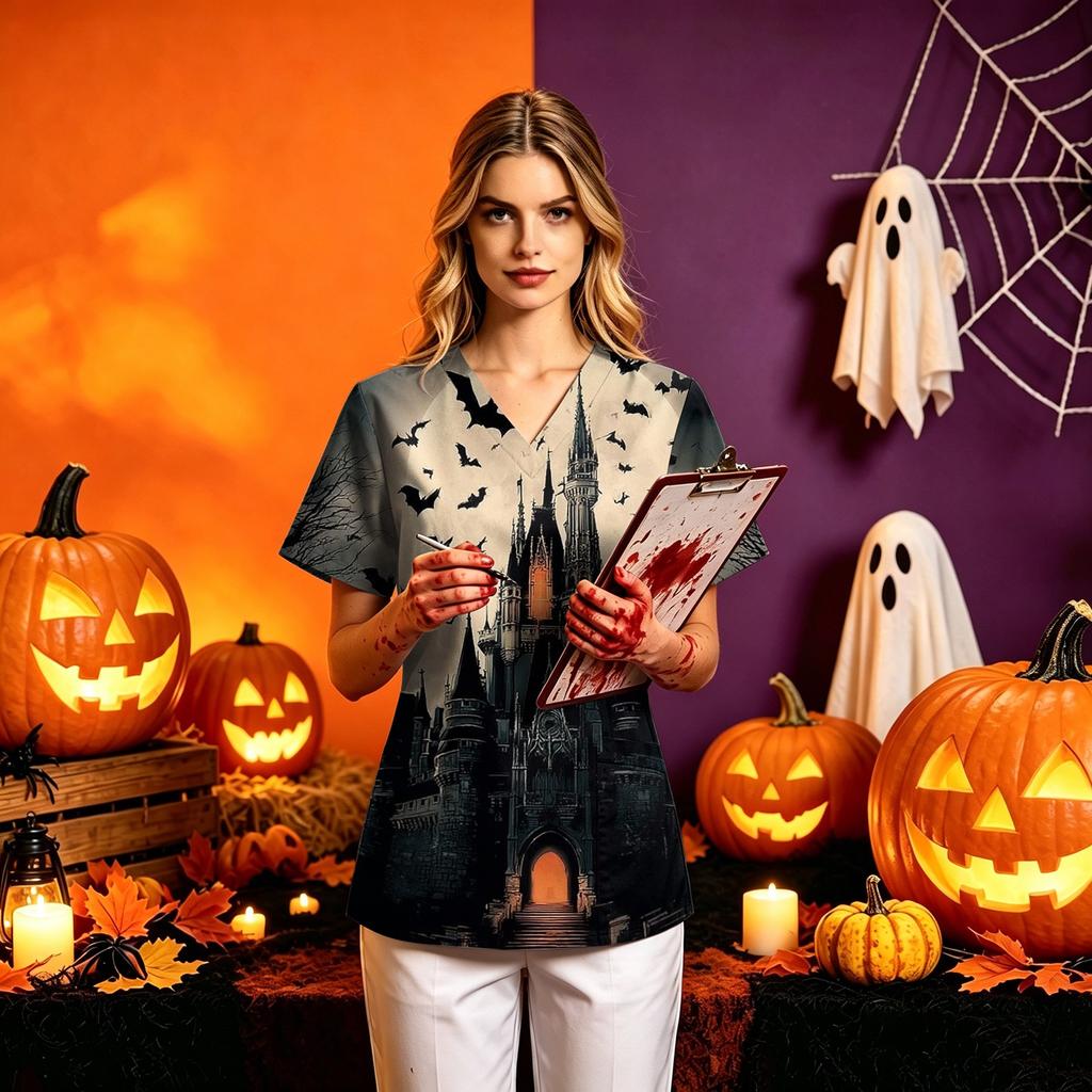 Women's Halloween Print Loose Fit V-Neck Short Sleeve Uniform Top with Pockets