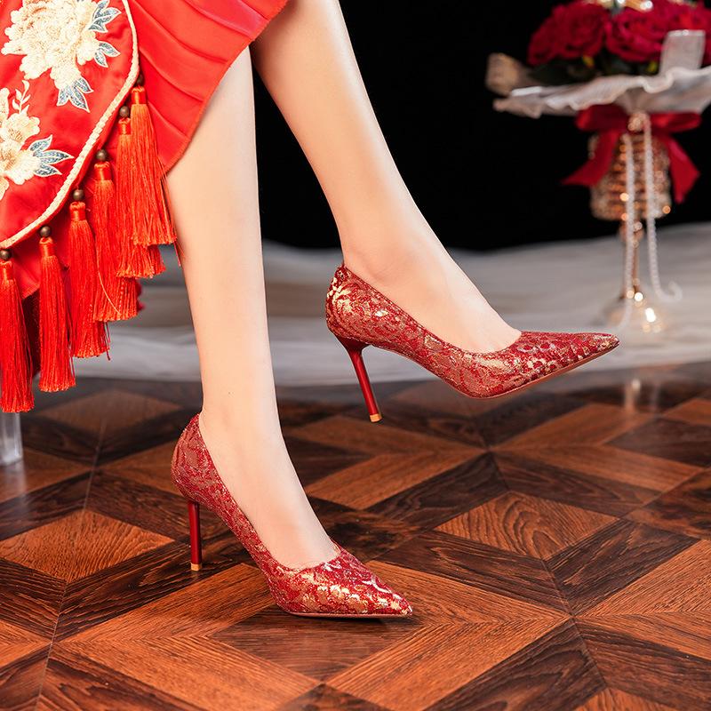 Pointed Phnom Penh Satin Temperament Noble Wedding Banquet High Heels Bridesmaid Shoes Dress Red Festive Wedding