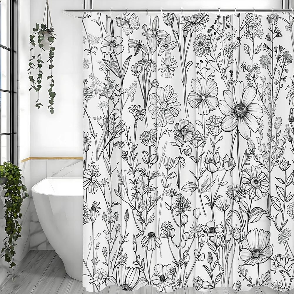 Black and White Floral Shower Curtain, Bathroom Decorative Shower Curtain, Waterproof Shower Curtain with Hooks
