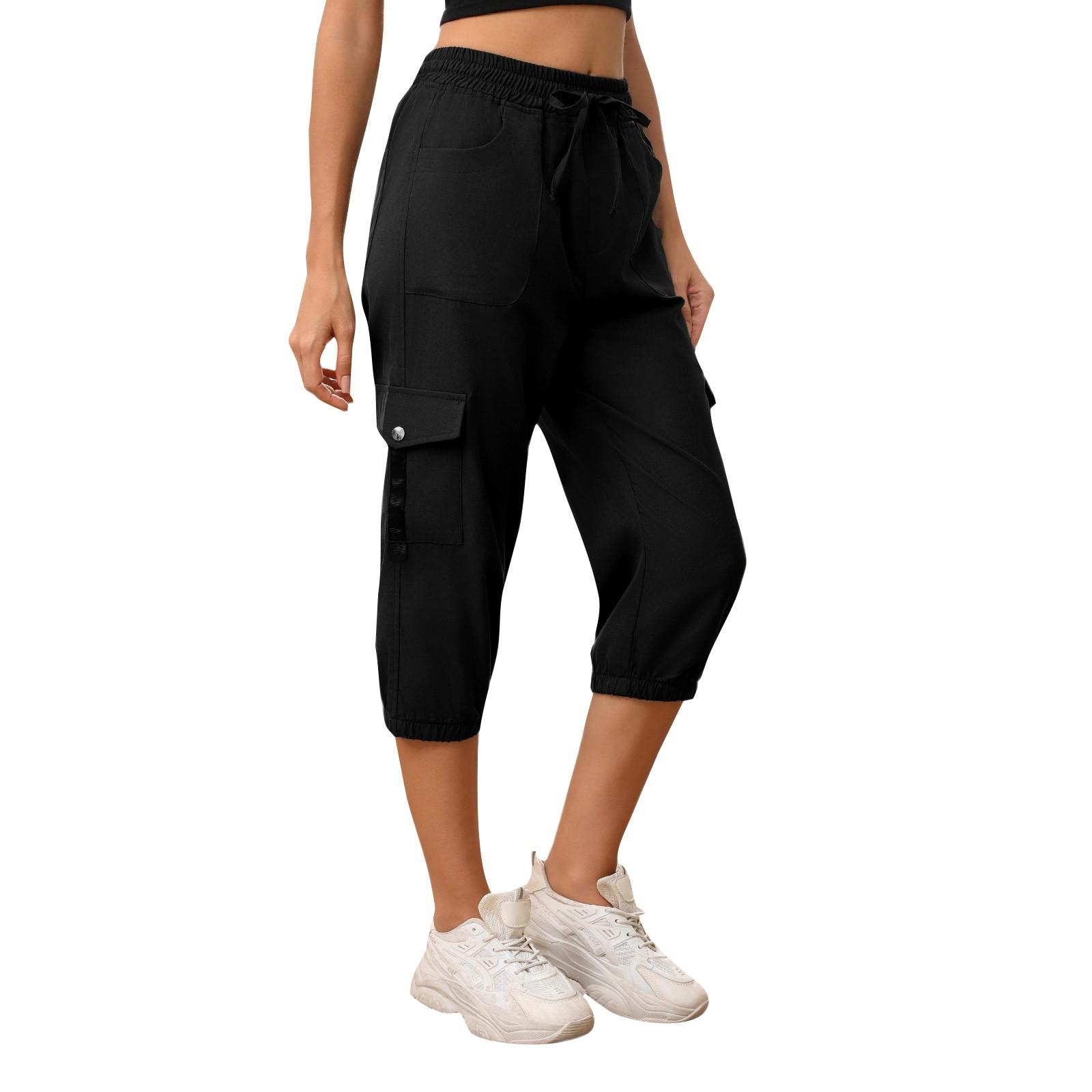 

Women s Fashion Solid Color Casual Workwear Drawstring Casual Mountaineering Pants L чёрный