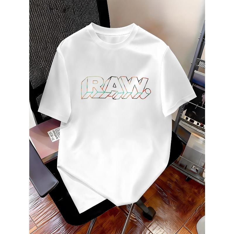 Мужская футболка RAW с градиентом в кибер-стиле - Футуристический геометрический принт с буквами, короткий рукав, машинная стирка, круглый вырез. Подходит S белый