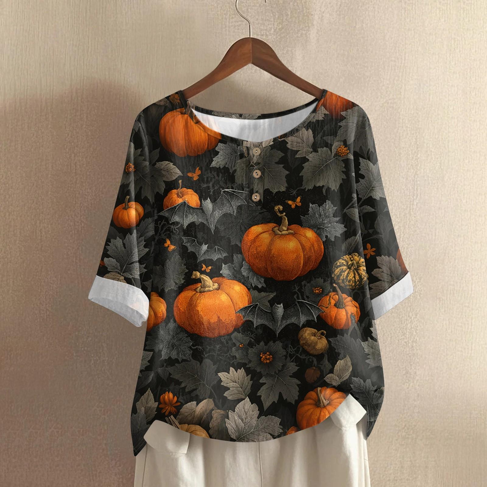 

Женский повседневный топ с рукавами средней длины, круглым вырезом, с принтом на Хэллоуин, из хлопка и льна M