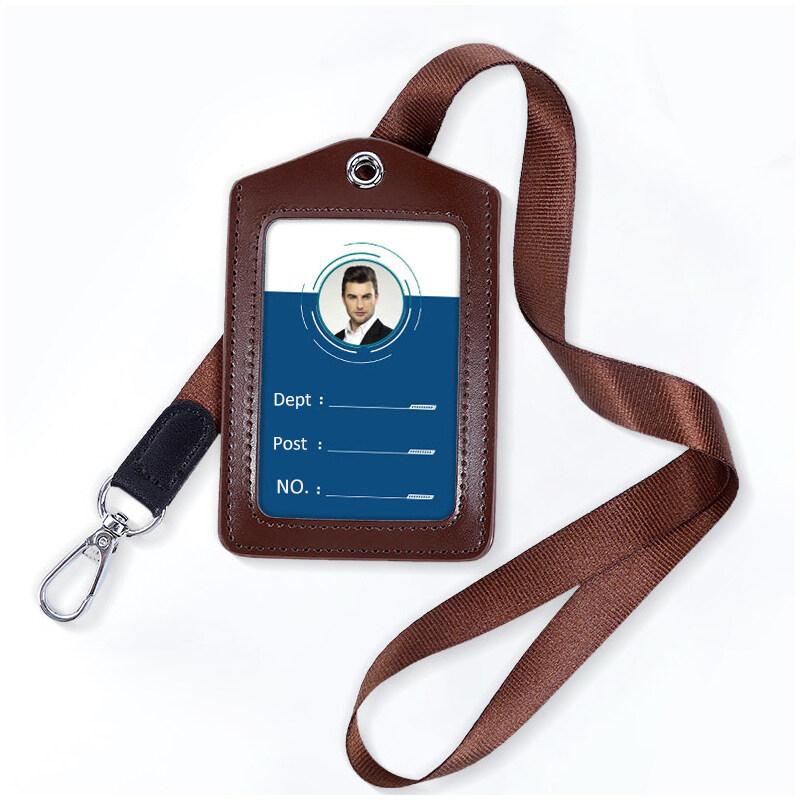 Formal Business ID Badge Holder Durable Real Leather Work Chest Card Pouch with Lanyard Simple Classic Black Stationery