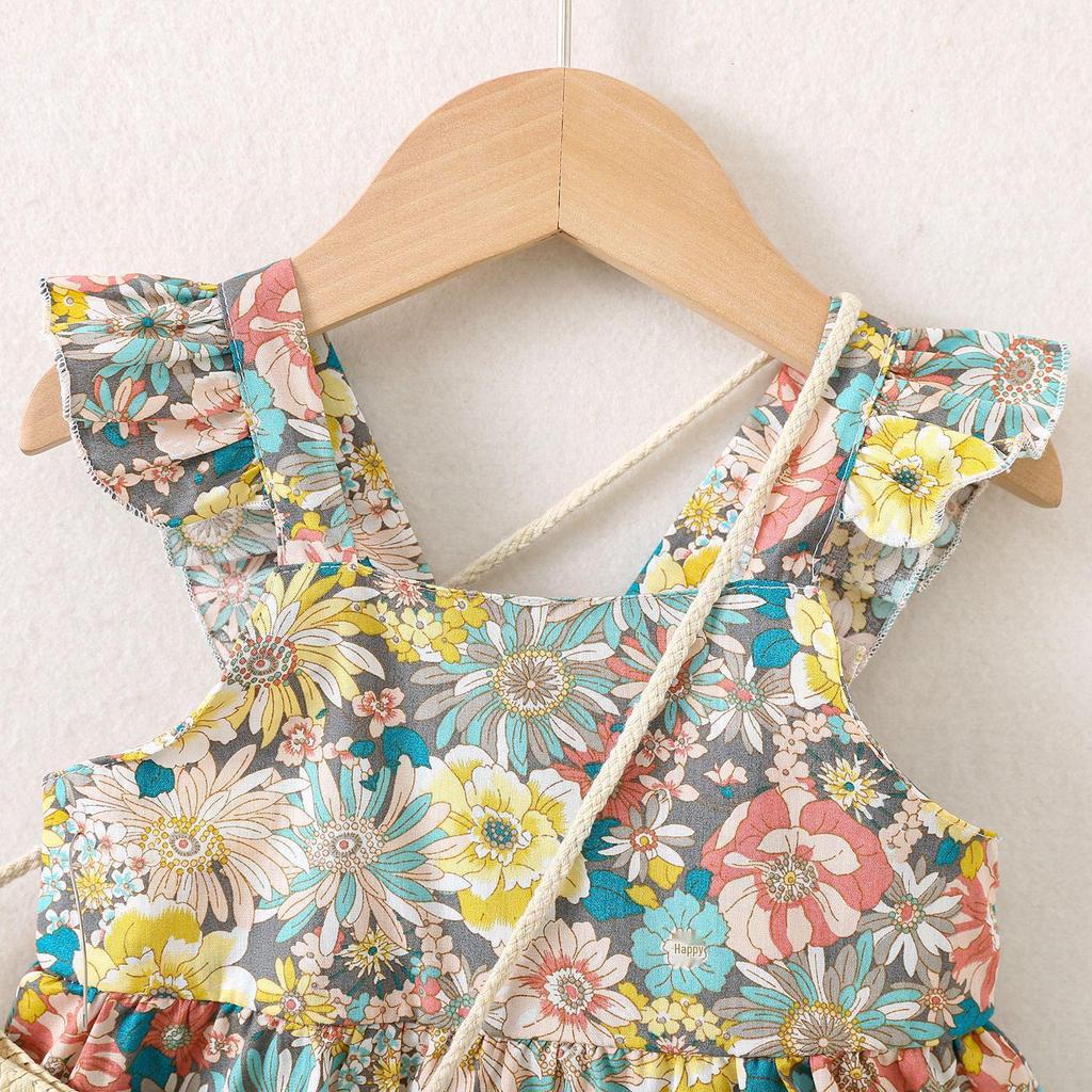 Summer Baby Girl Flutter Sleeve Dress with Bag - Princess Toddler Outfit, All-Over Print.