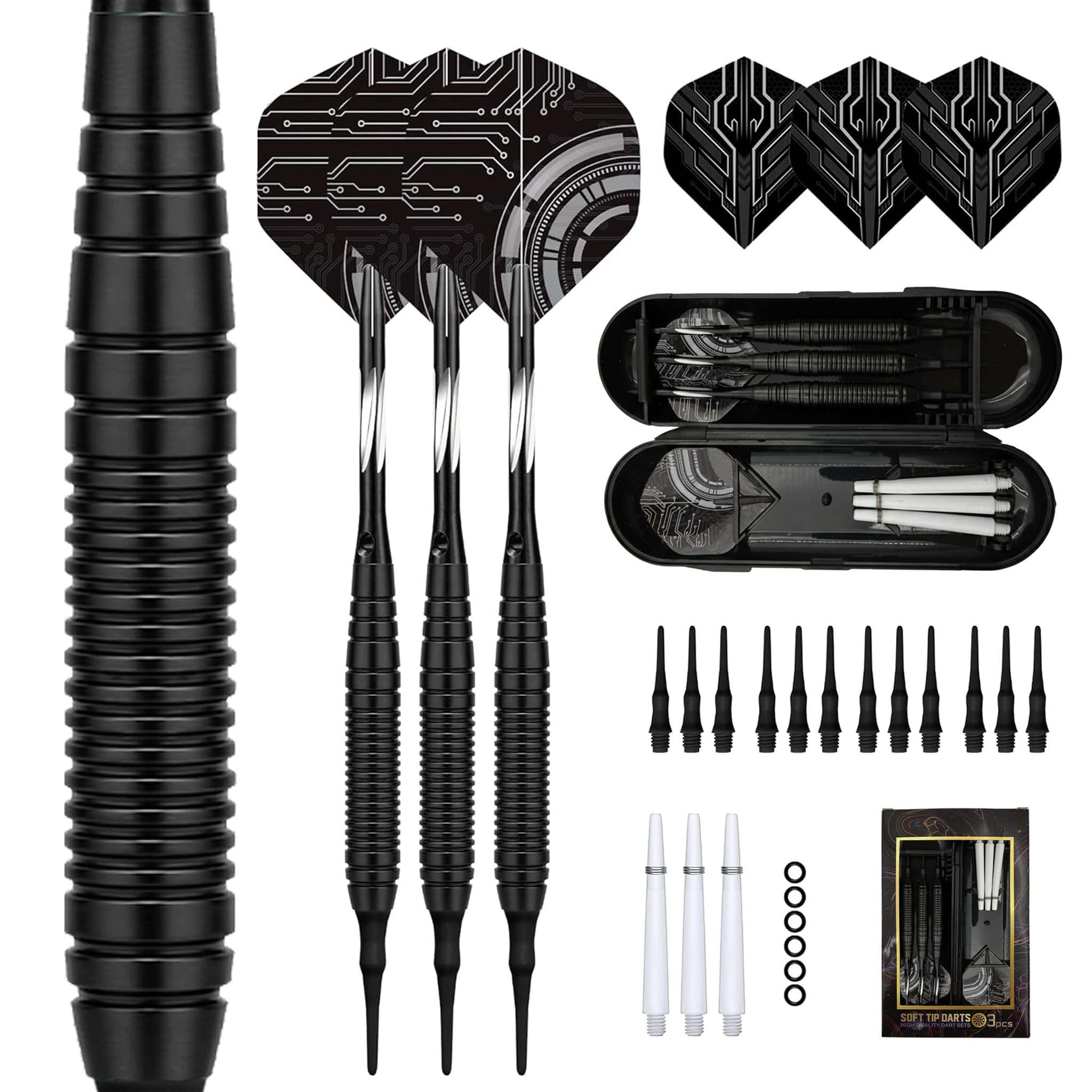 

Nomli 19g soft darts set, 3 pieces, for beginners, with O-rings and storage case, black чорний