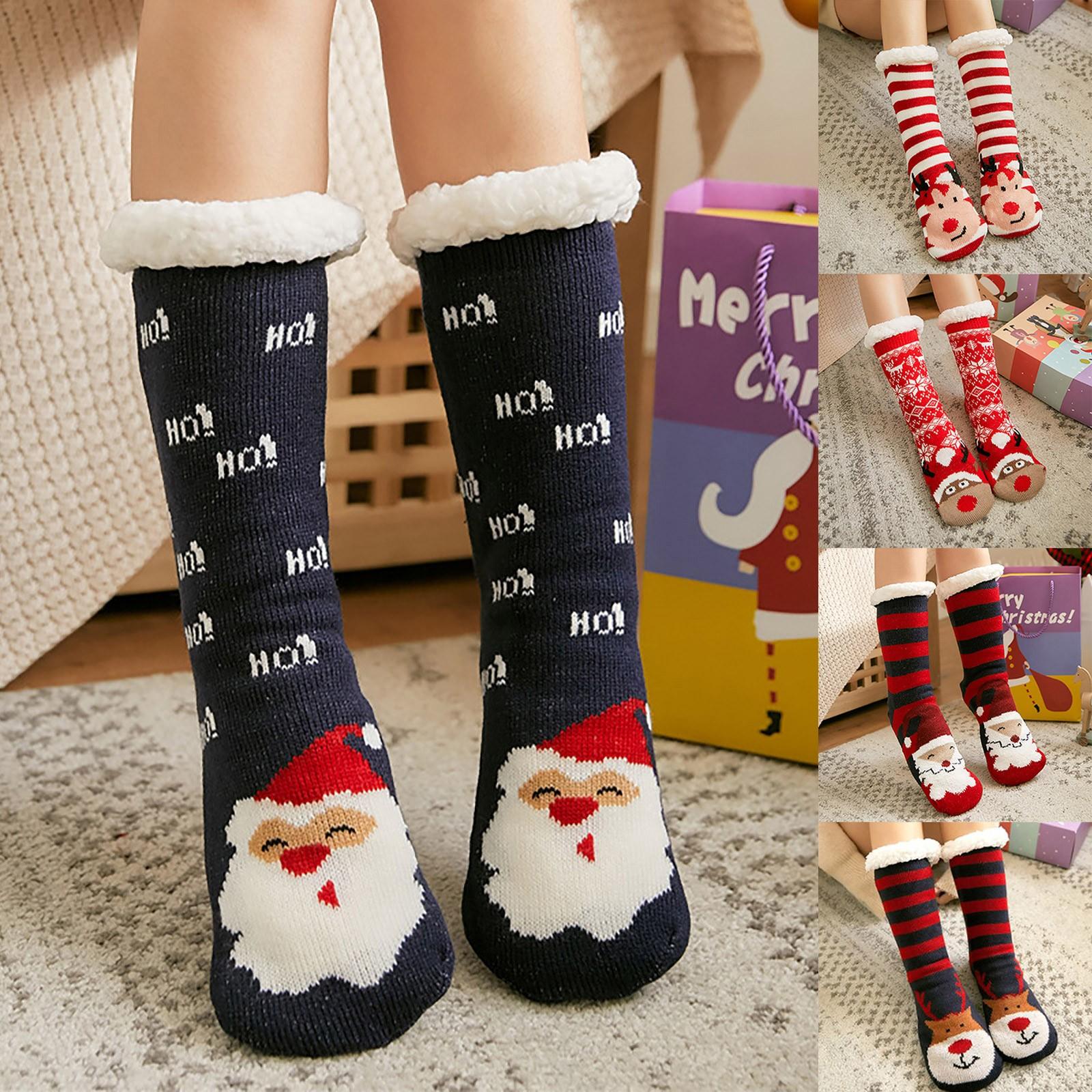 

Рождественские женские хлопчатобумажные носки с принтом, более толстые напольные носки, ковровые носки One size синий