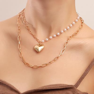 Punk Double-layer Geometric Large Peach Heart Pendant Imitation Pearl Necklace Women's Ins Style Versatile Necklace