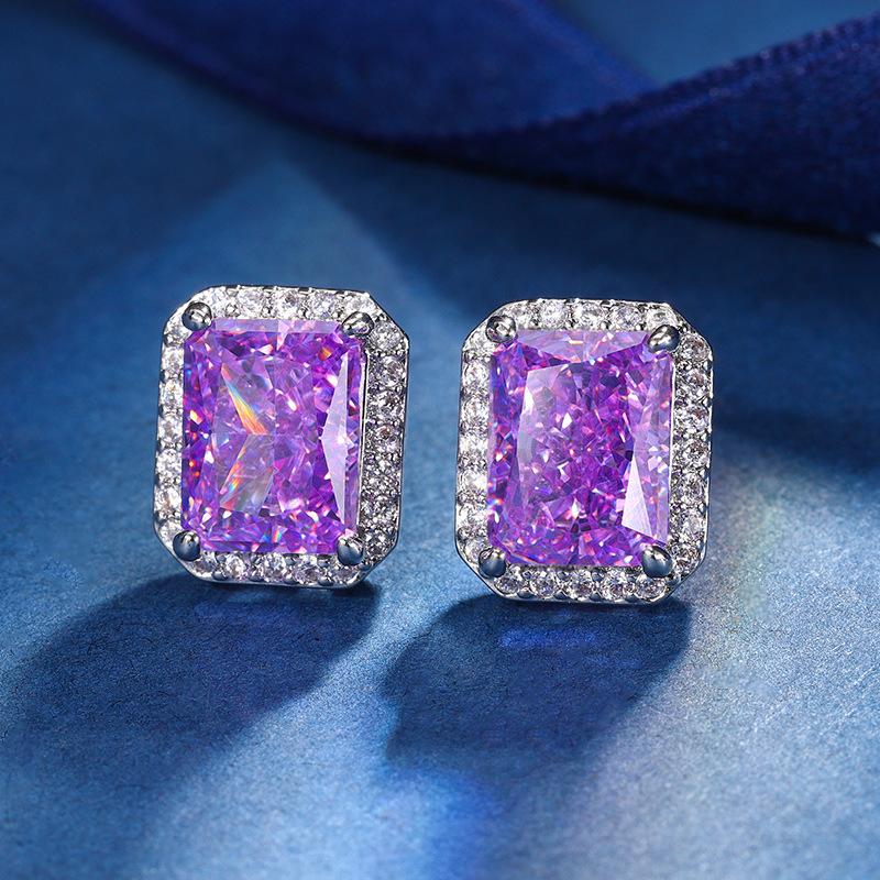 Autumn And Winter Jewelry High Carbon Diamond Ice Flower Cut Copper Inlaid Square Diamond Niche Stud Earrings Main Stone 7 * 9