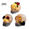 Halloween Mood Lighting Gothic Light Up Skull Rose Flower Figurine, Day of Dead Resin Durable Statue, Spooky Skeleton Head Lamp for Desk Home