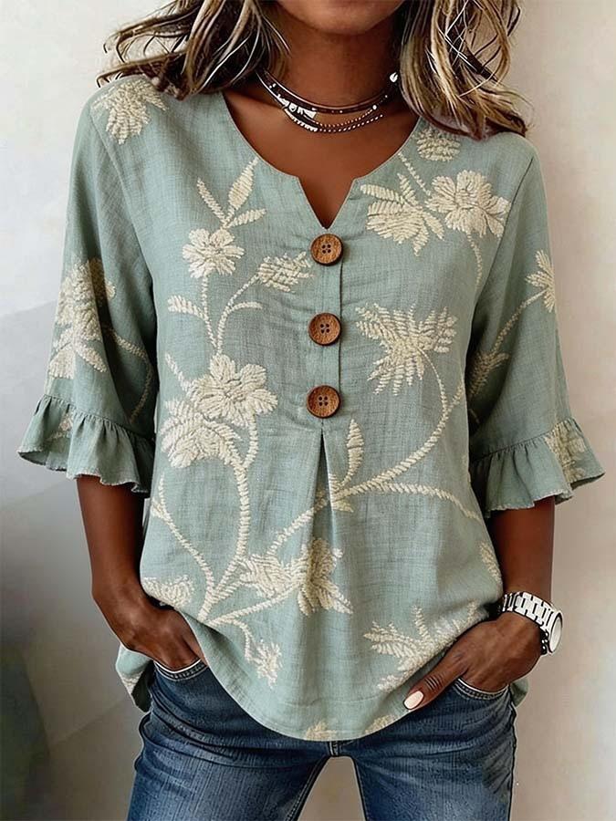 2026 Summer European & American Women's V-neck Cotton Linen Fashion Shirt