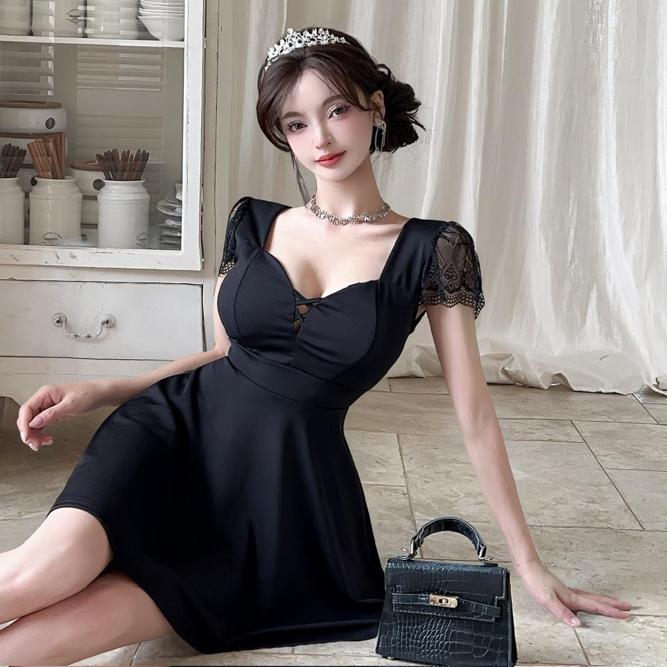 Lace Splicing Sexy Suspender Dress Women's Summer Slim Waist Skirt Show Figure A Word Short Skirt