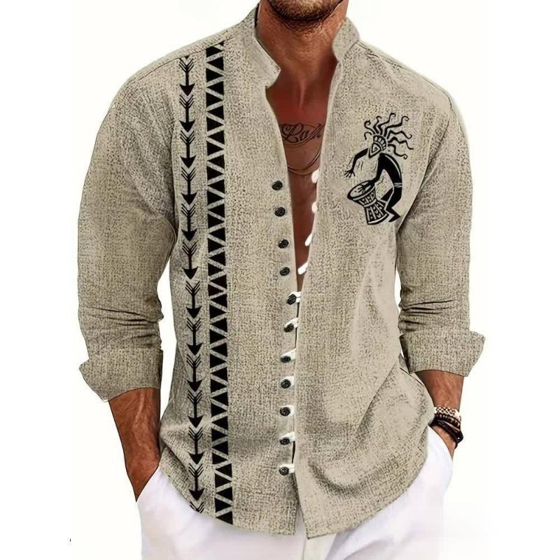 Men Ethnic Front Print Stand Collar Short Sleeve Loose Casual Linen Shirt