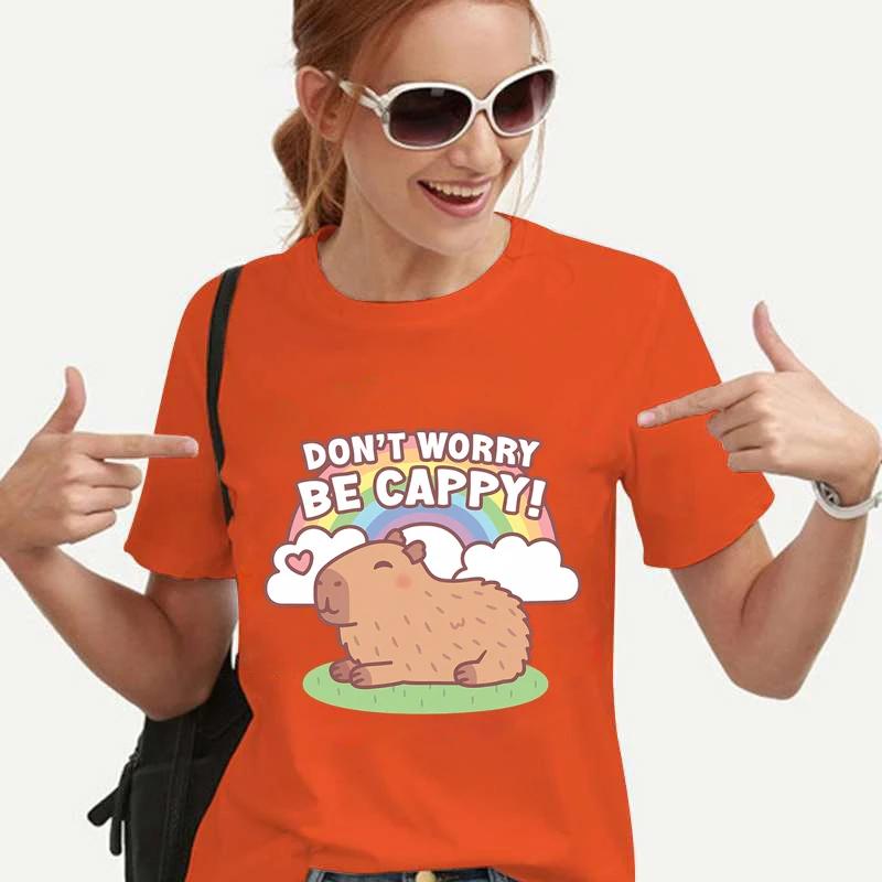 Cartoon NEBOJTE SE, BUĎTE CAPPY! Potisk Capybara Dámské tričko Ležérní Topy s výstřihem do O Volné tričko Harajuku Černá Košile Oblečení