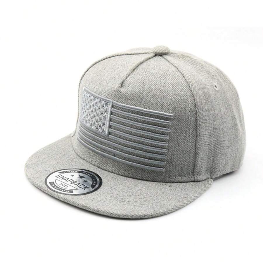Gray Snapback Cap With USA Flag Embroidery Casual Baseball Hat For Men And Women