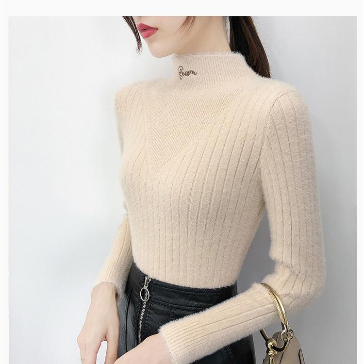 Нечеткий свитер для женщин, свитера из мохера, пуловер, свитер 2022, осень-зима, однотонный, с вышивкой букв, водолазка, теплый свитер One Size хаки