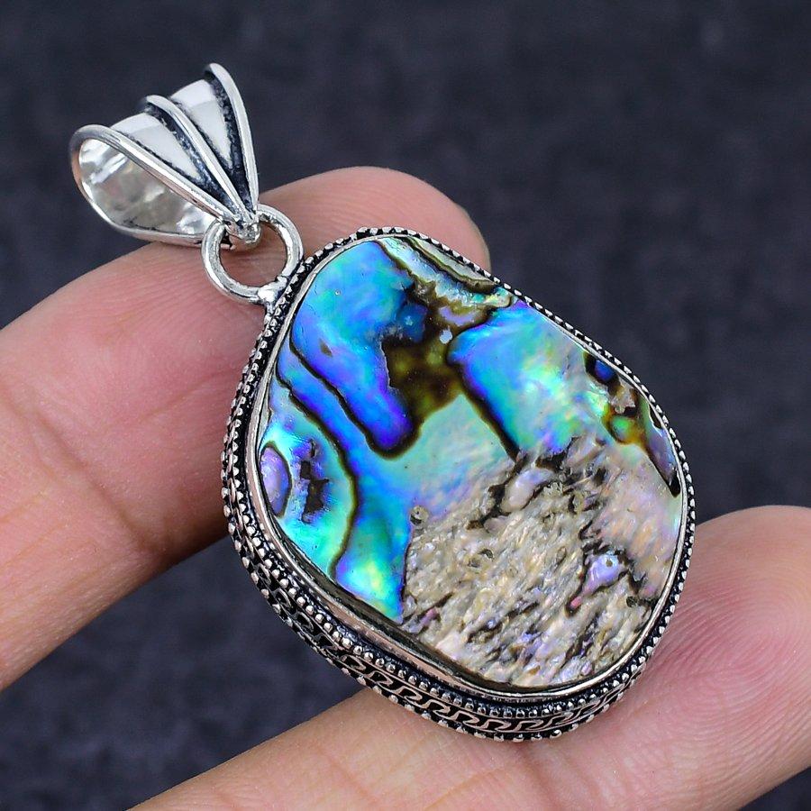Pierre Précieuse Coquille d'Abalone Naturelle Argent Sterling 925 Bijou Pendentif 1.97" W8P01