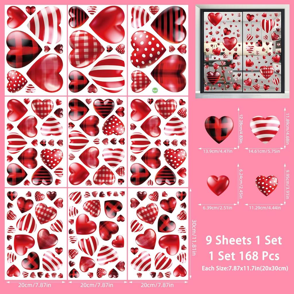 168pcs Valentines Day Window Clings Red Heart Shaped Static Wall Decals Window Stickers Double Sided Visibility Romantic Valentines Day Decorations