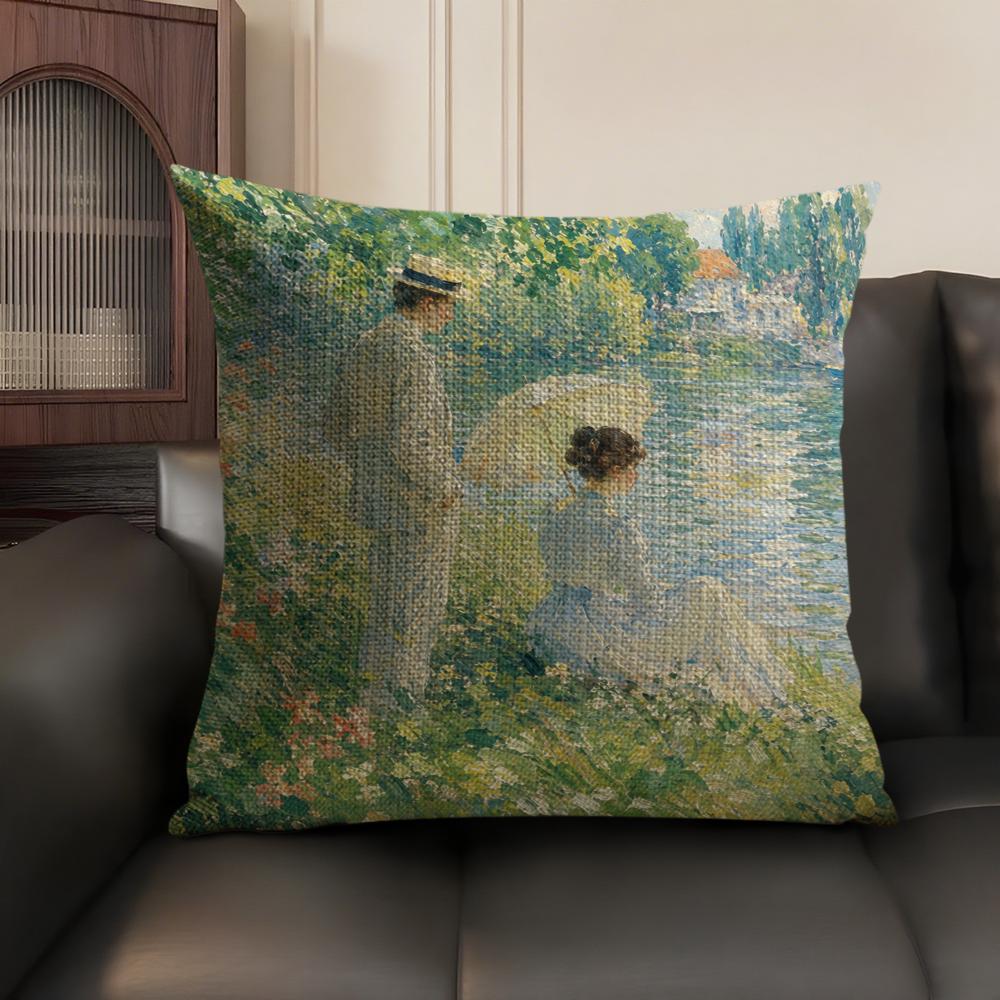 Monet Water Lilies Oil Painting Cushion Cover Linen Organic Fabric DoubleSided Printing Sofa Breathable Home Decor Pillow Case