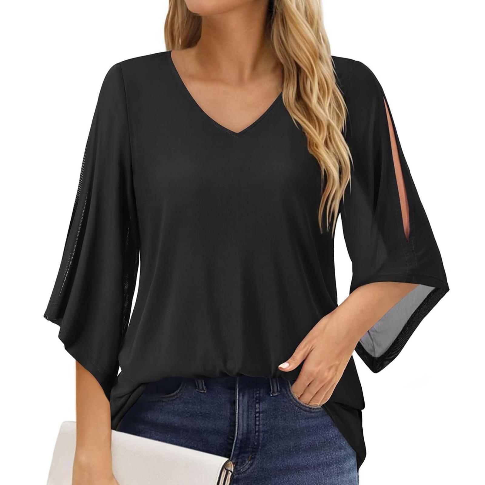 

Женский однотонный топ с рукавами-трубами и рукавами семь четвертей L чёрный