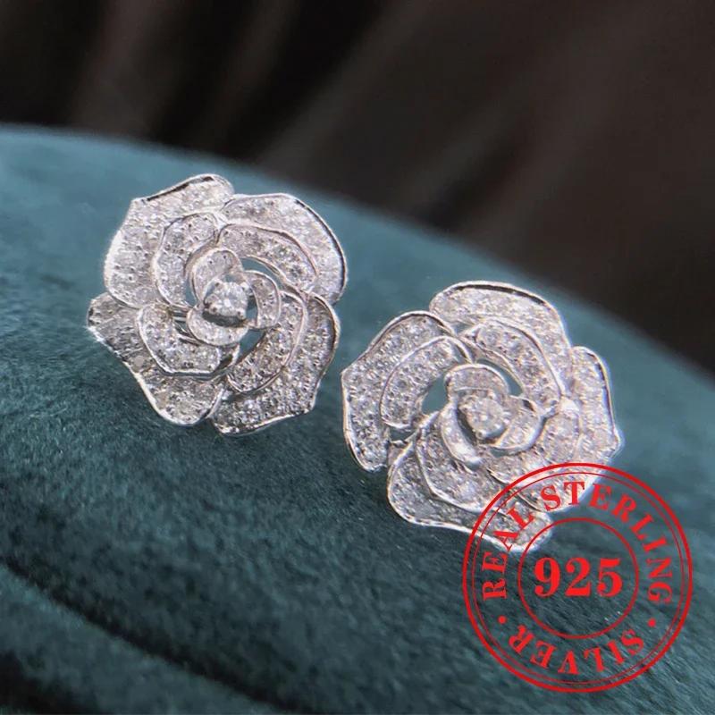 Gorgeous Stud Earrings  Sterling Silver Dazzling Exquisite Flower Design Accessory Luxury Trendy Bridal Jewelry Gifts