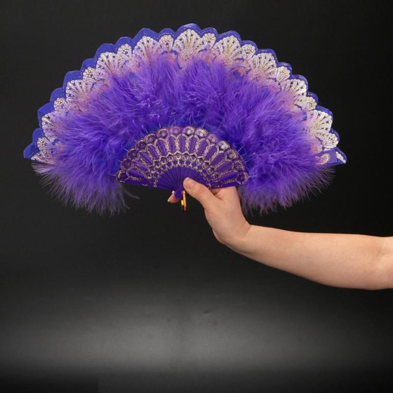 Embroidered Flower Feather Fan Vintage Hand Fan for Costume Dancing Handheld Folding Fan Performances Wedding Party