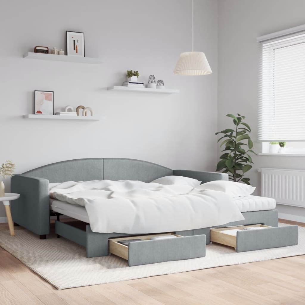 Extendable Daybed with Drawers Light Grey 100x200 cm Fabric