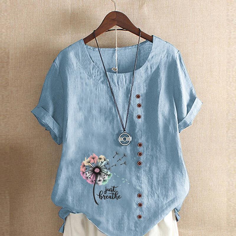Women's Fashion Colorful Dandelion Prined Short Sleeve T-shirt Loose Cotton Shirt Casual Loose Summer Blouse Tops Plus Size