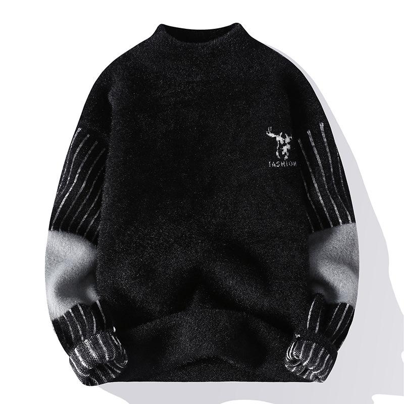 

Мужской вязаный свитер с полувысоким воротником, имитация соболя, свободный, с цветными вставками, базовая нить, одежда, модный повседневный свитер 3XL чёрный