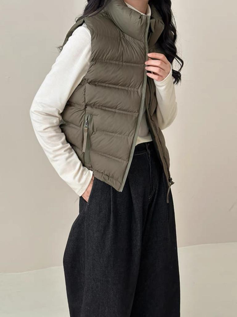 Cotton Vest Women's Autumn and Winter New Stand-up Collar Short Cotton Vest Pocket Zipper Light and Slim Vest