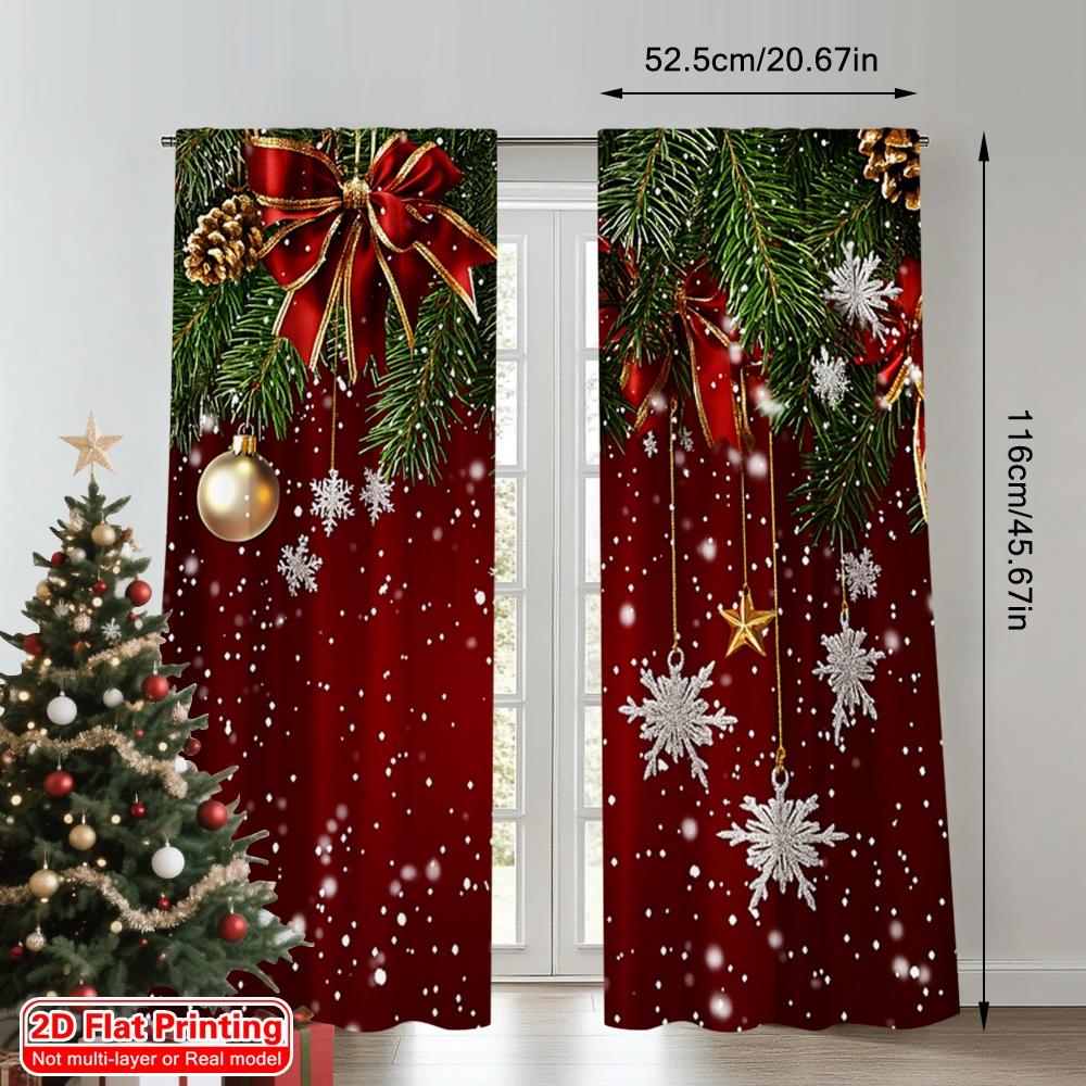 2D Flat Printing 2Pcs Christmas Curtains Classical Pine Tree Snowflakes Red Green Xmas Room Suitable For Living Room Bedroom