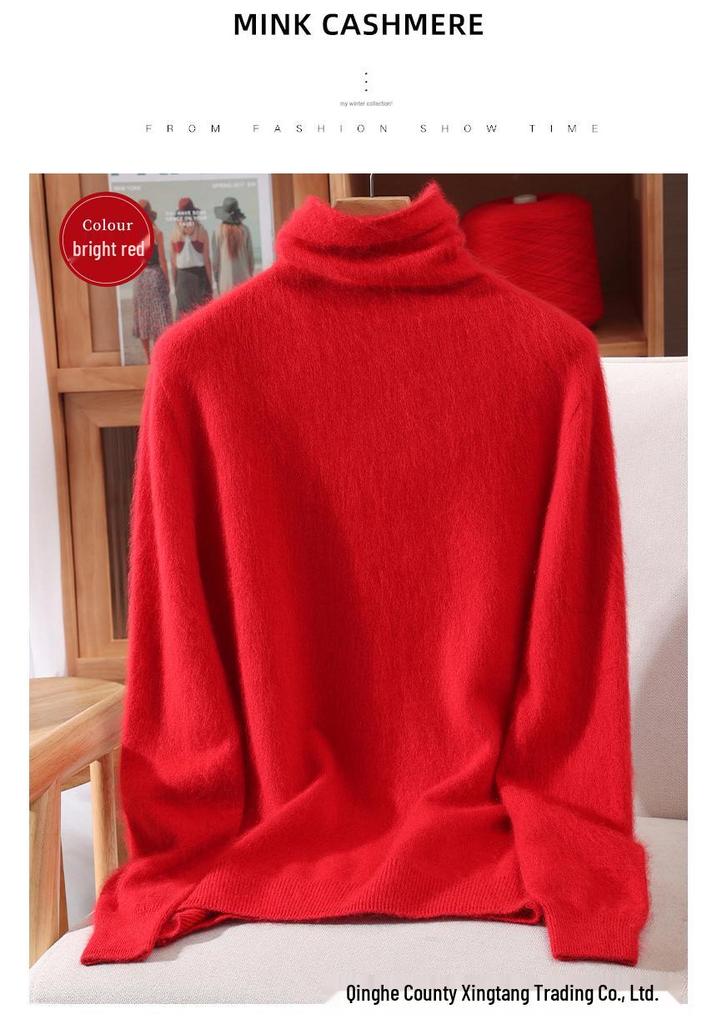 Mink Velvet Women's High Neck Rabbit Fur Knit Sweater, Slim Fit Cashmere Base Layer