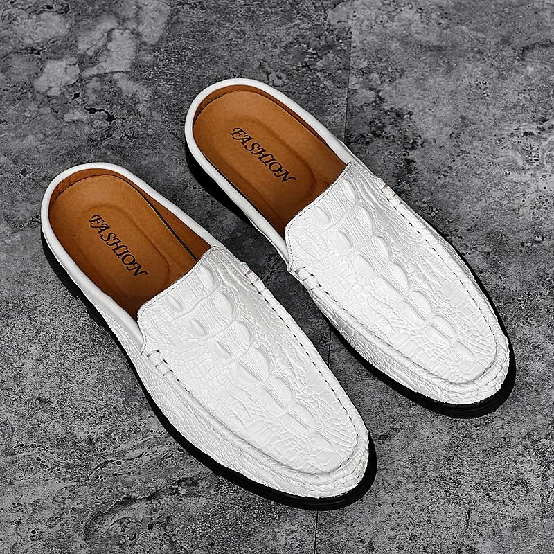 Genuine Leather Loafers Classic Half Shoes for Men Casual Shoes Crocodile Pattern Outdoor Half Slippers Non-slip Mules Moccasins