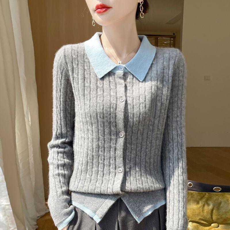 Spring and Autumn Women's Color-Block Cardigan Sweater Collared Loose Soft Knit Cardigan Top
