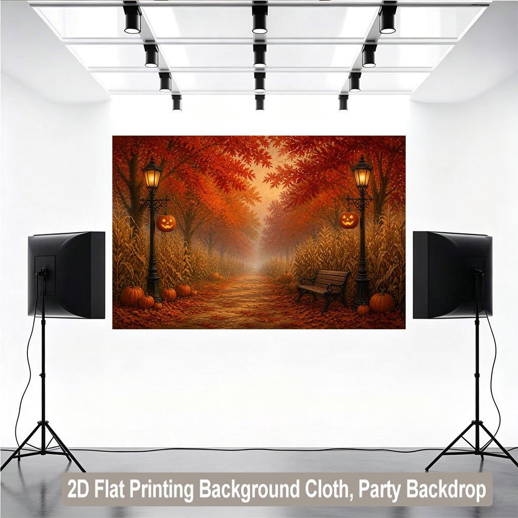 2D vlak, 1 stuk, pompoenlantaarns die de achtergrond van de herfstbospad banner versieren, geschikt voor een feest