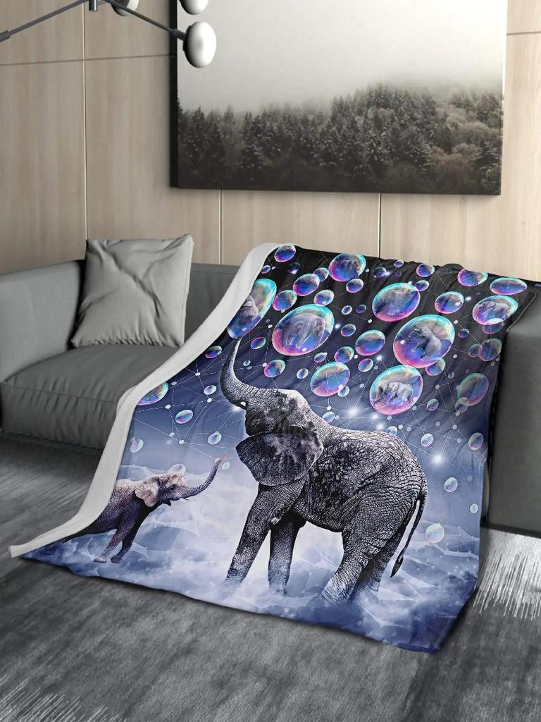 Cute Elephant Print Throw Blanket African Animals Warm Cozy Flannel Home Decor Colorful Dreamy Bubbles Pattern