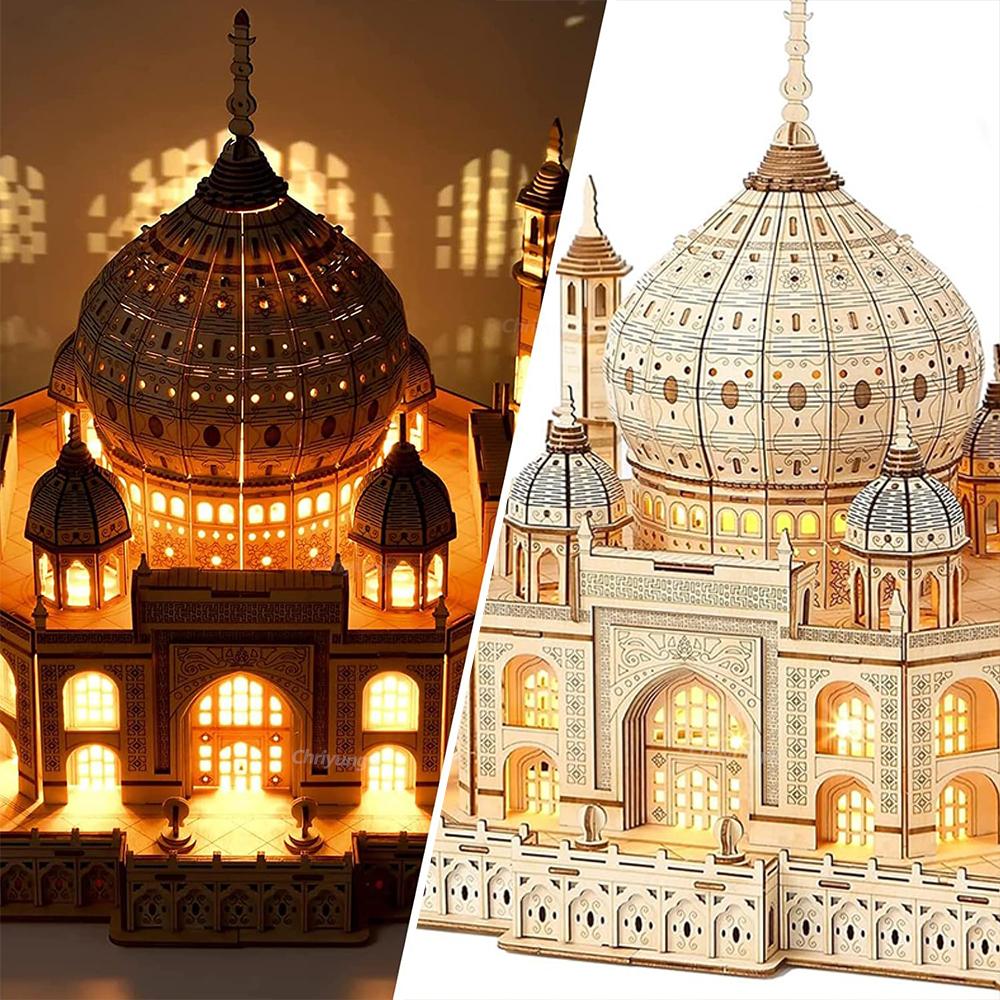 3D Wooden Puzzle House Royal Castle Taj Mahal Model Kit with Light DIY Assembly Crafts Desk Decoration Gifts for Adults Kids