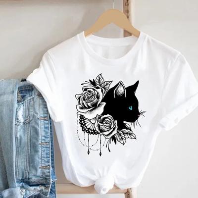 Fashion Women Rose Kitten T Shirt Funny Casual O-neck Short Sleeves T-shirt Summer Female Tee Shirt
