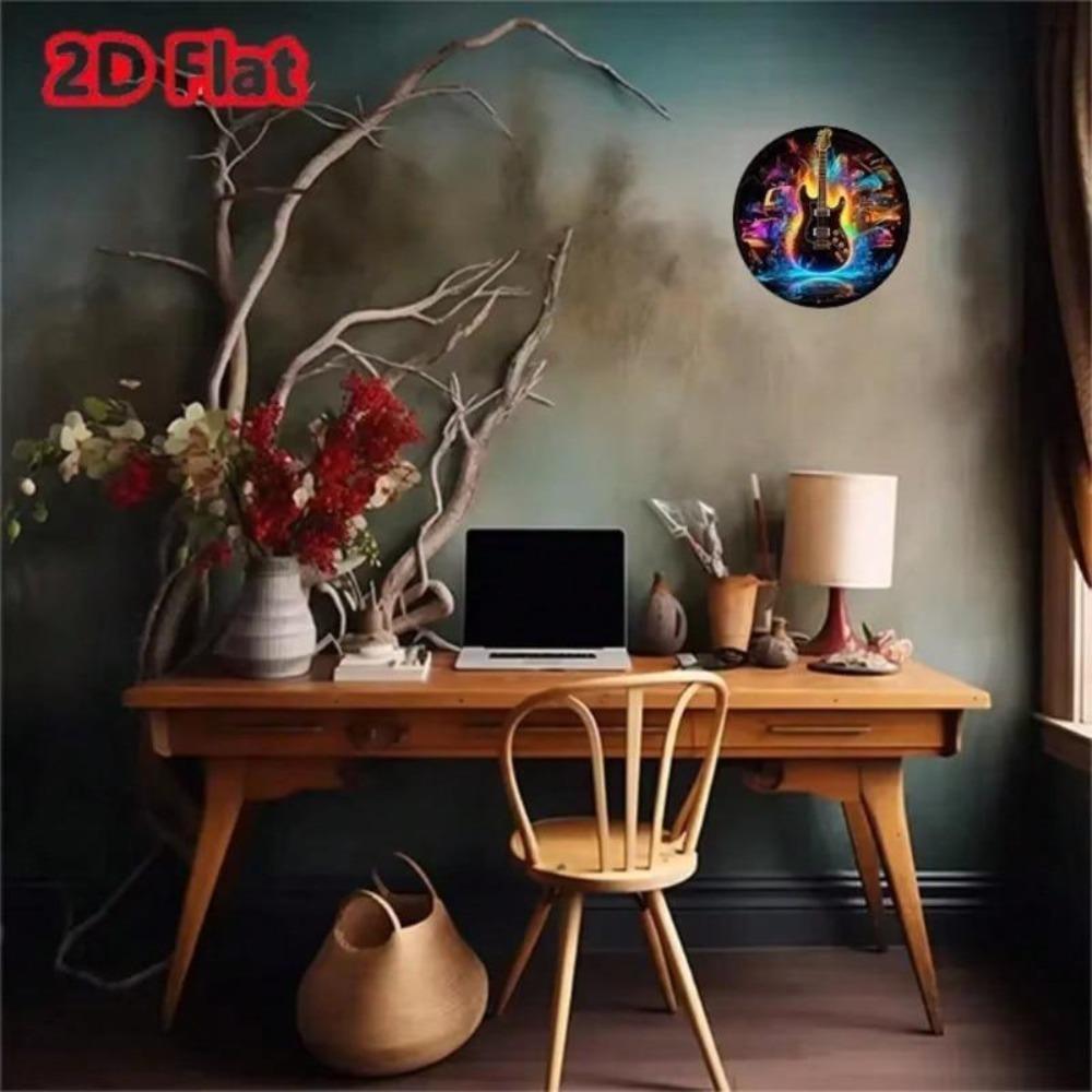 Rund Aluminium Neonskylt Med Musiknoter Gitarr Modern Väggkonst