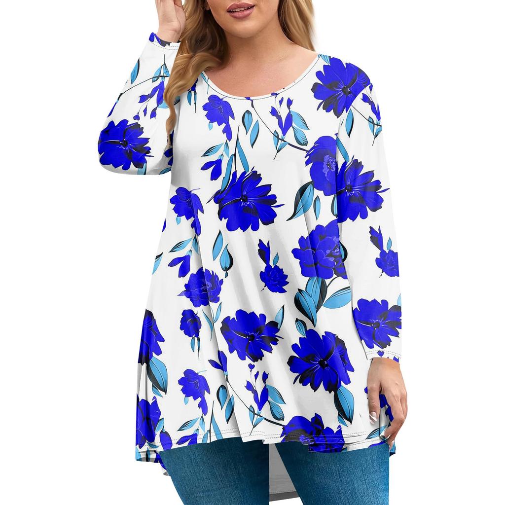 Dames pluss størrelse topp, hageskrage langermet skjorte, moteriktig blomsterprint avslappet topp