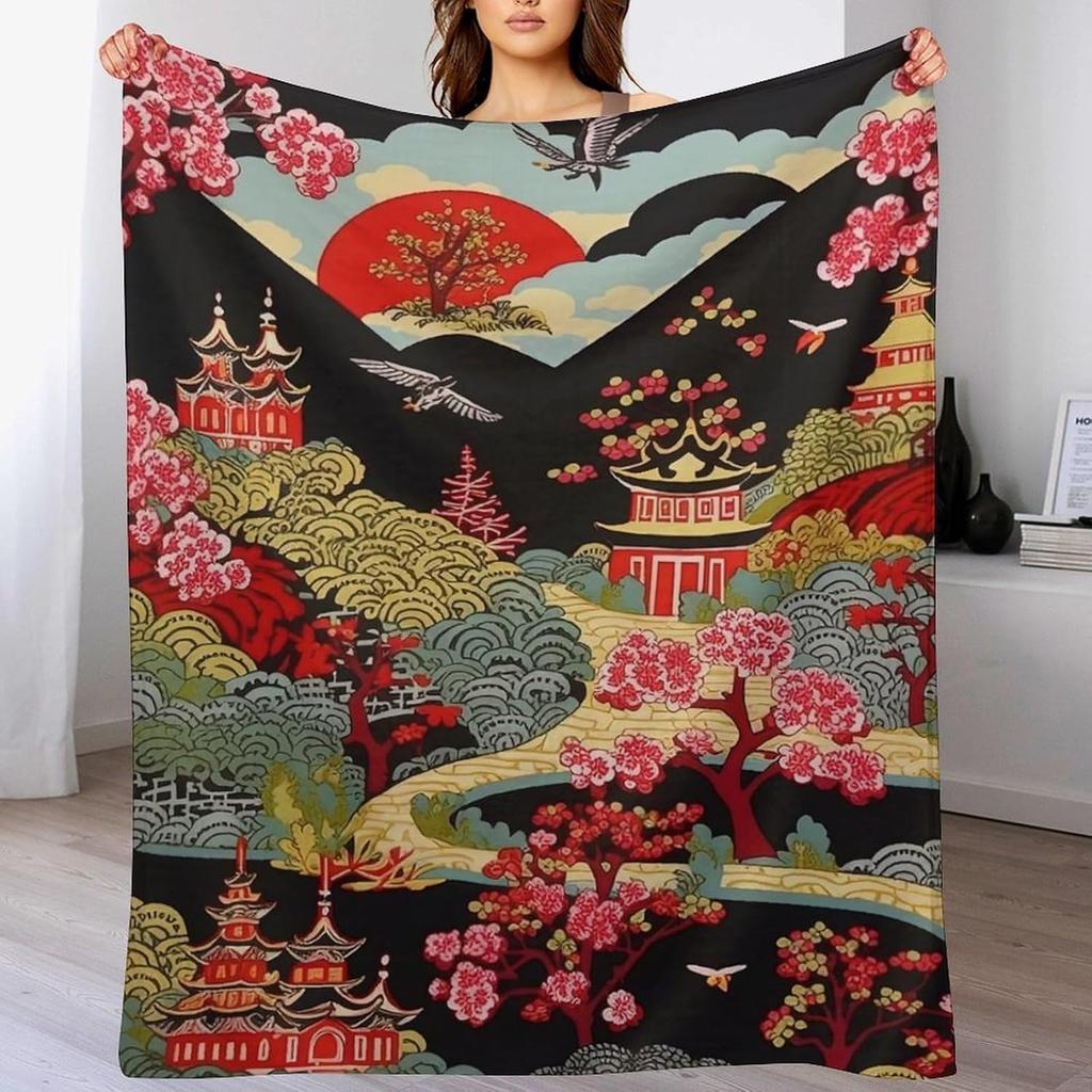 GUOYU Decke Überwurfdecke Chinoiserie Anthrazit Koralle Pagode Flanell Fleece Überwurfdecke Japanischer Asiatischer Stil Decke Pagode und Blume