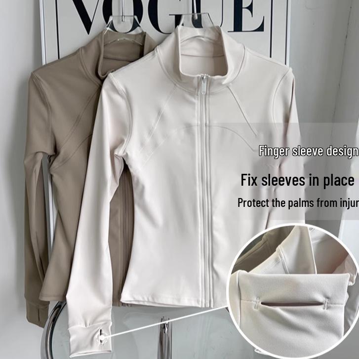 Women's Quick-Dry Yoga Jacket with Zipper, Sun Protection, and Stand Collar for Running and Gym.