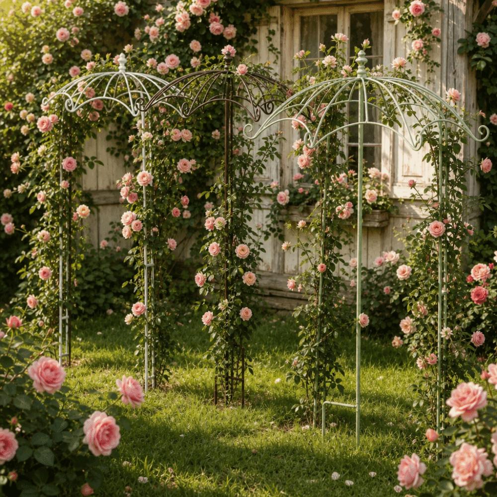 Ausgeschnittene Blumenarrangement-Schirmform-Rankgitter Gartendekoration Pfahlblumenständer Blumenbeet