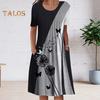 Women's Casual T-Shirt Dress Summer Short Sleeve A-Line Swing Dress Floral Print Crew Neck Pleated Midi Dress with Pocket