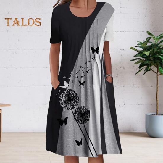 Women's Casual T-Shirt Dress Summer Short Sleeve A-Line Swing Dress Floral Print Crew Neck Pleated Midi Dress with Pocket