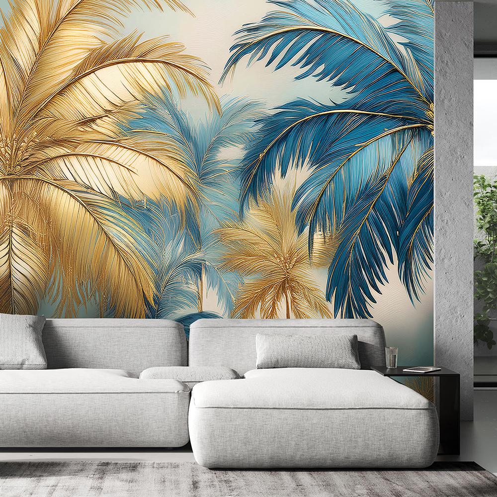 Wallpaper Gold and Blue Palm Trees Abstract