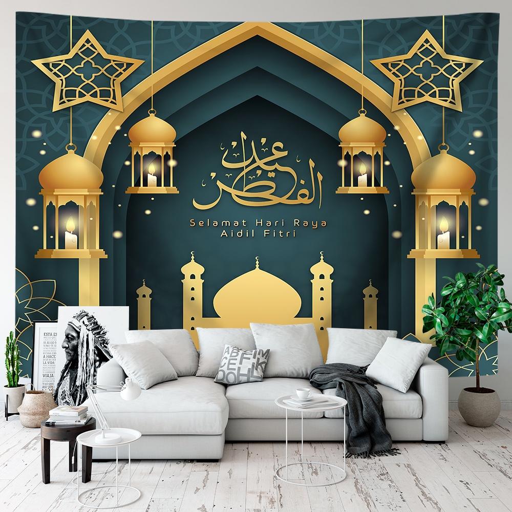 VIKAMA Green Gold Mosque Tapestry Ramadan Kareem Ramadan Wall Hanging Islamic Bedroom Decor Washable Art for Living Room