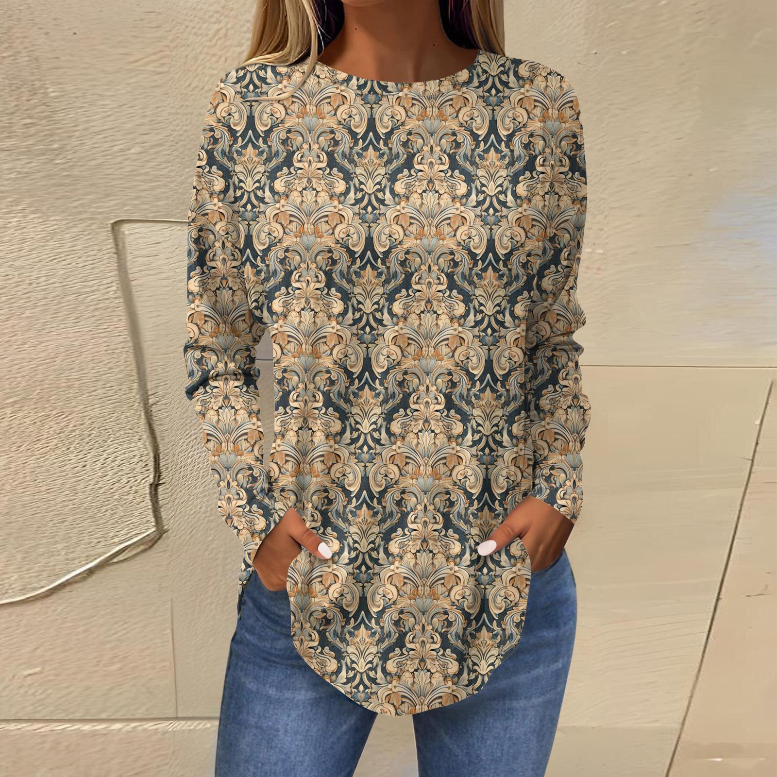 

Рубашки для женщин Милые винтажные узоры с принтом Футболка с длинным рукавом Туника Топы Хлопковые пуловеры XXL